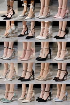 Multiple pairs of elegant high heels with various ankle straps and embellishments