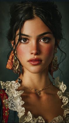 Woman with dark hair in an updo wearing a lace collar and jewelry