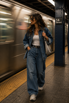 Woman in a denim outfit walking on a subway platform with a blurred train
