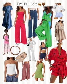 A fashion collage featuring various pre-fall outfits and accessories