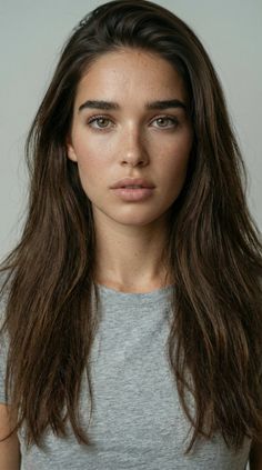 Woman with long brown hair and freckles wearing a grey t-shirt