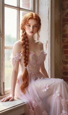 Woman with long red braided hair in a pink floral dress by a window