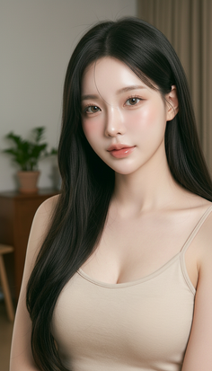 Woman with long black hair wearing a spaghetti strap top indoors