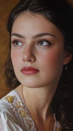 Woman with dark hair wearing an embroidered top, looking to the side