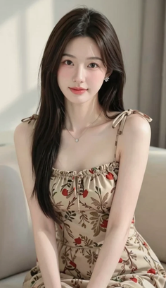 Woman with long dark hair wearing a floral dress and jewelry