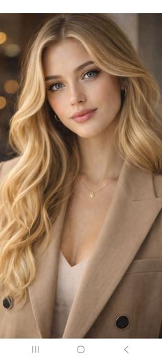 Woman with long blonde hair and blue eyes wearing a tan blazer and gold necklace