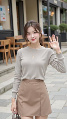 Woman in a long sleeve shirt and mini skirt waving on a street