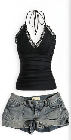 Black halter top with lace trim and denim shorts on a white background