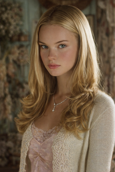 Blonde woman with long hair wearing a lace top and cardigan