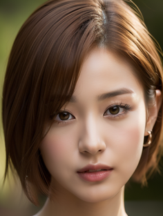 Woman with short brown hair and earrings in soft outdoor lighting