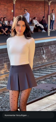 Woman in a white top and pleated skirt with polka dot tights at a train station