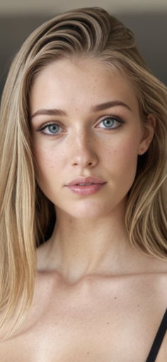 Close-up portrait of a woman with blonde hair and blue eyes