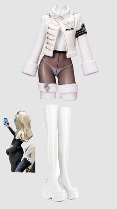 Mannequin wearing a white jacket, black tights, and thigh-high platform boots