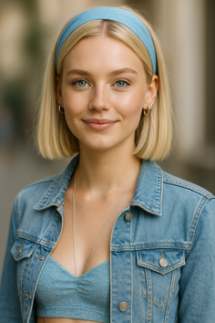 Blonde woman with a blue headband and denim jacket smiling at the camera