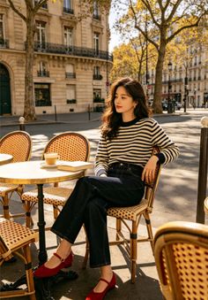Woman in a striped sweater and jeans sitting at an outdoor cafe table