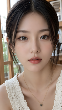 Woman with dark hair wearing a white top and jewelry, looking directly at the camera