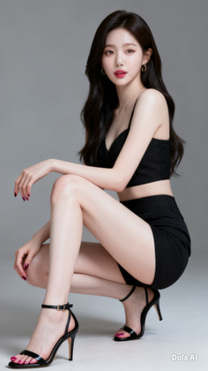 Woman with long black hair in a black crop top and shorts posing in a studio