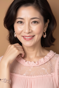 Woman with short dark hair wearing a pink top with lace detail and jewelry