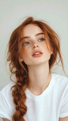 Woman with red braided hair and freckles looking up