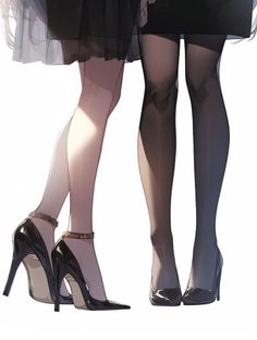 Two women in black dresses and high heels, one with sheer tights