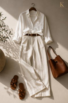 White linen shirt and beige pants with brown leather accessories in a flat lay