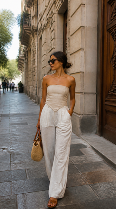 Woman in a strapless top and wide leg pants walking on a city street