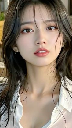 Woman with wet long hair and a white shirt in a close-up shot
