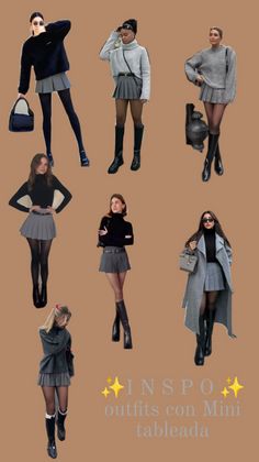 Multiple women showcasing various outfits with mini pleated skirts and long sleeve tops