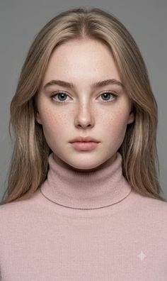 Young woman with blonde hair and freckles wearing a pink turtleneck