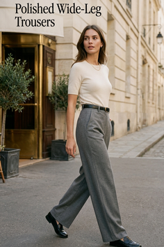 Woman in a cream top and grey wide-leg trousers walking on a street