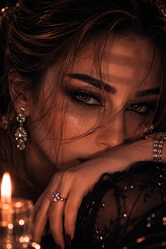 Woman with wet hair and dramatic makeup in candlelight