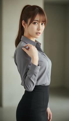 Woman with a ponytail wearing a grey shirt and black skirt indoors