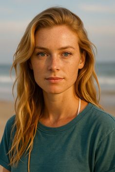 Woman with long blonde hair and freckles wearing a teal t-shirt on a beach