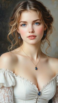 Woman with blonde hair and blue eyes wearing an off-shoulder dress and jewelry