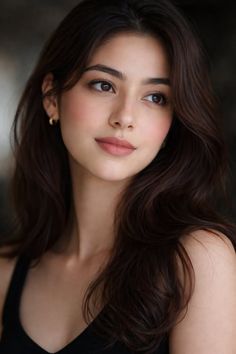 Woman with long dark hair and a black top looking to the side