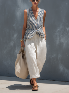 Woman in a striped vest and wide leg pants walking outdoors