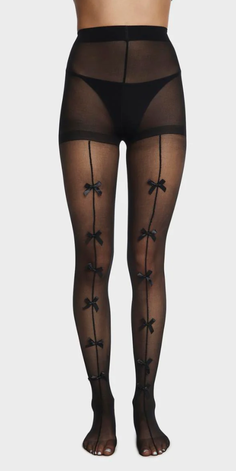 Person wearing sheer black tights with bows and thong underwear