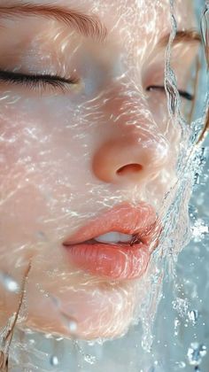 Close up of a face with closed eyes and water splashing over the skin