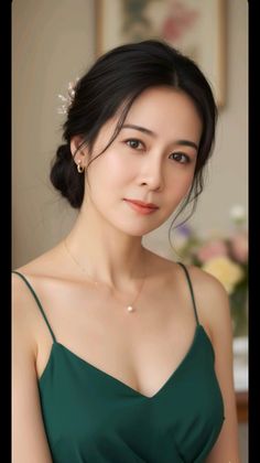 Woman with dark hair in an updo wearing a green dress and pearl necklace