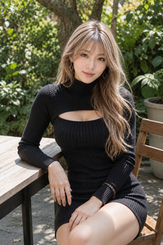 Woman in a black dress with a chest cutout sitting outdoors