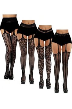 Multiple women wearing black lingerie and patterned stockings with high heels
