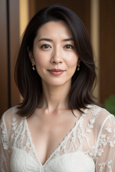 Woman with dark short hair wearing a white lace dress with cleavage