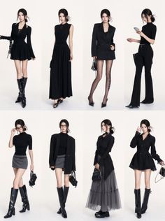 Multiple women in various black outfits posing against a white background