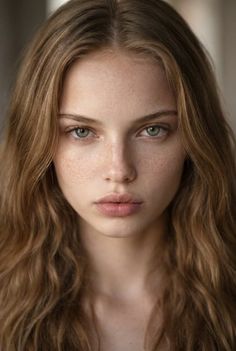 Close-up portrait of a young woman with long hair and freckles
