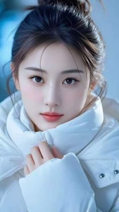 Woman in a white puffer jacket with dark hair in a bun