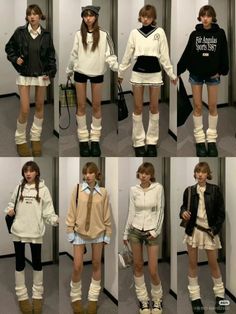 Multiple women posing in various casual outfits with leg warmers indoors