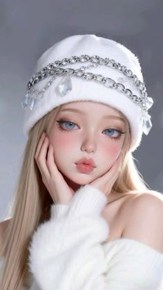 3D render of a woman with blonde hair and blue eyes wearing a white beanie