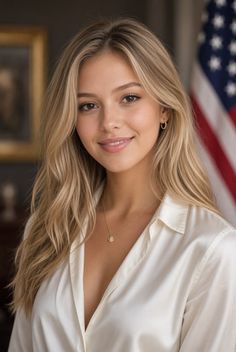 Woman with blonde hair wearing a white shirt and jewelry, smiling indoors