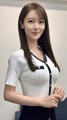 Woman with long brown hair wearing a white top and black skirt