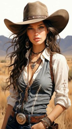 Woman in a cowboy hat and western attire in a desert landscape